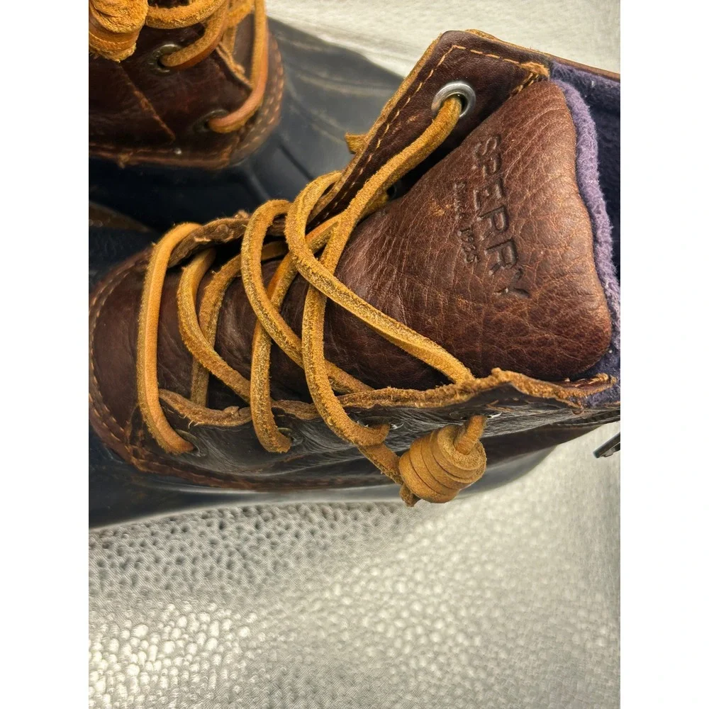 Sperry Saltwater Duck Boots Womens 7 Brown Navy Leather‎ Waterproof STS91175